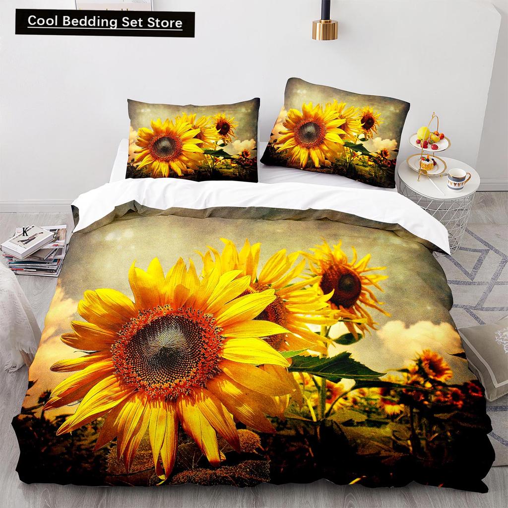 Yellow Sunflowers King Queen Duvet Cover Beautiful Floral Bedding Set for Kids Girls Women Girly Lovely Flowers Soft Quilt Cover