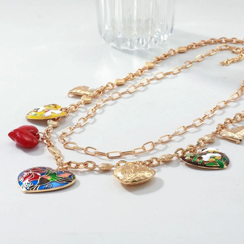 Heart-shaped Double Layer Necklace Flower Clavicle Chain Big Heart Pendant Necklace  Vacation