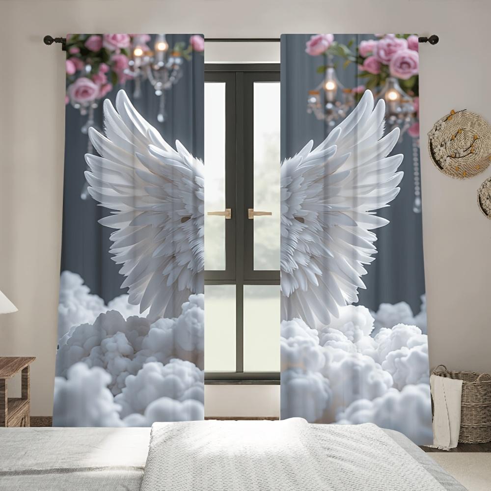 2pcs Angel Wings Print Curtains in White & Pink – Polyester Sheer with Rod Pocket for Bedroom & Study Decor