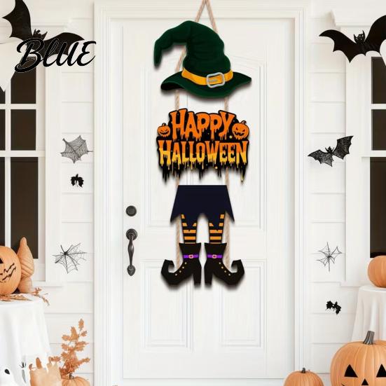 Halloween Door Sign Happy Welcome Witch Legs Hat Hanging Wooden Wall Decor Easy Hang Rustic Front Hanger for Porch Indoor Outdoor