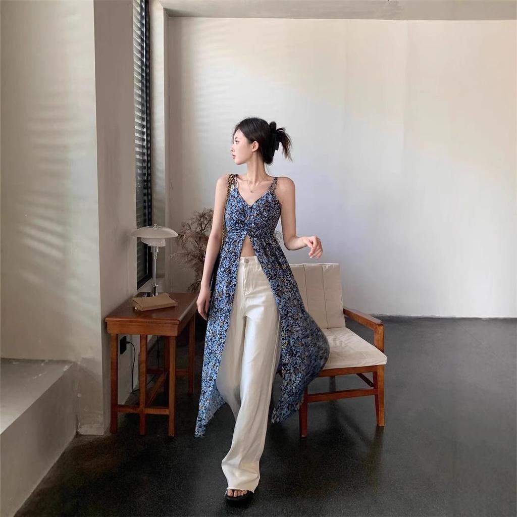 French Floral V-neck Suspender Dress Women's Summer Sweet Babe Skirt Blue Retro Temperament Split-ended Long Dress