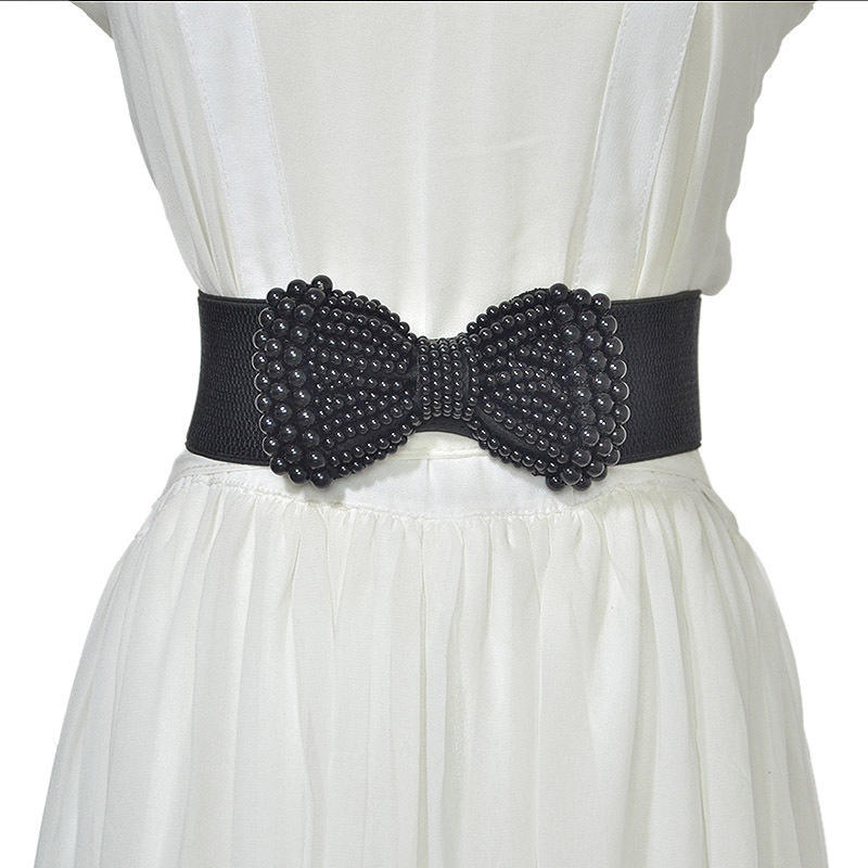 Women Pearl Bow Belt Elegant Wide Elastic Waist Cincher Fashion Accessory Dress Sash Wedding Party Waistband Stylish Adjustable All-Match Solid Color