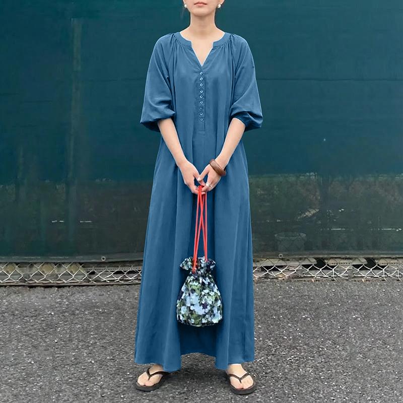 ZANZEA Women Casual V-Neck Loose Half Sleeve Long Dress