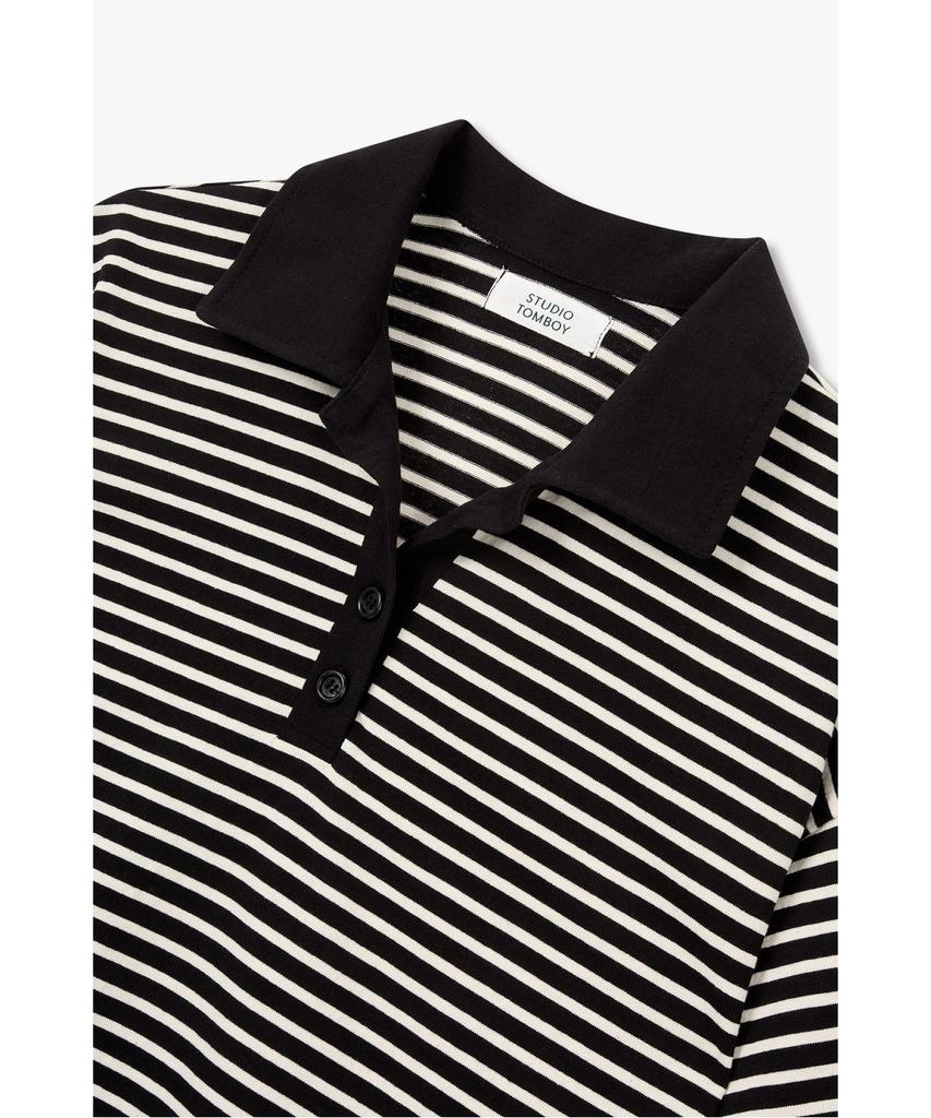 STUDIO TOMBOY Striped Semi-Crop Collar Short Sleeve T-Shirt _Black 9176322999