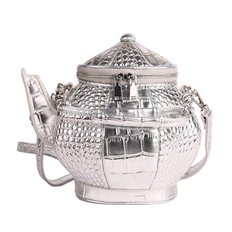 

Super Cool Teapot Shape PU Alligator Pattern Shoulder and Crossbody Bags Solid Zipper Chains Creative Women s Handbags 2026 New срібний