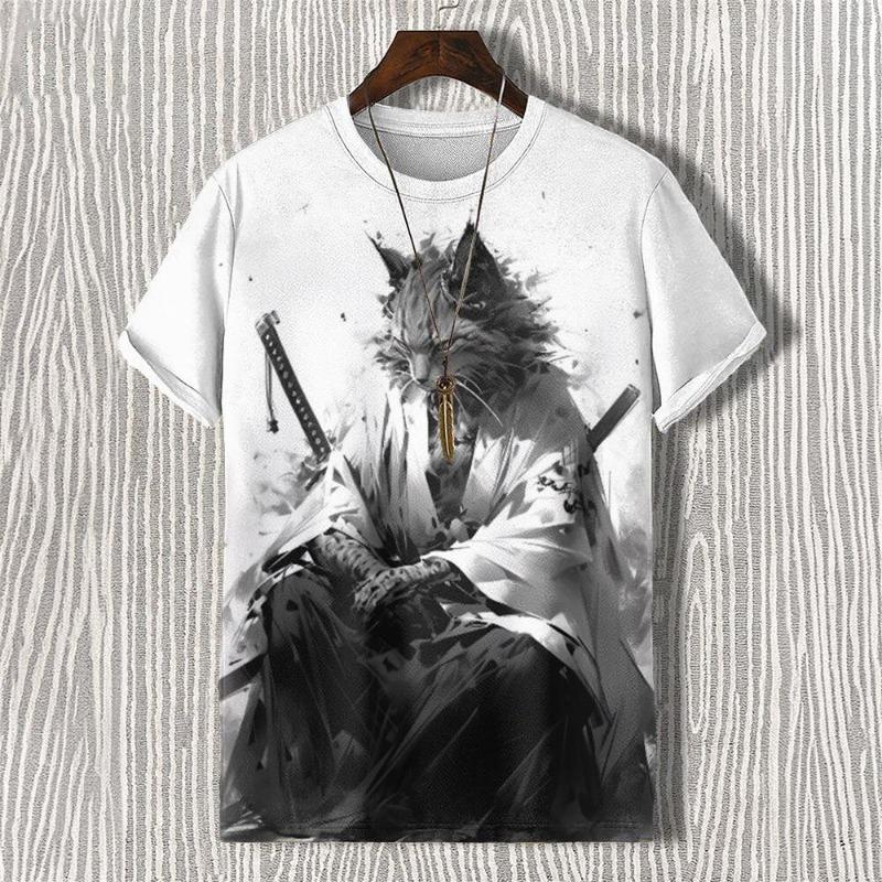 Men's T-shirts Edo Cat Samurai Warrior Art 3D Print Casual T-Shirts Men/Women Short Sleeve O-Neck Top Kid Clothing