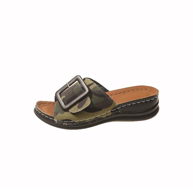 Large Size Slippers Women's Summer New Camouflage Slope Heel Fish Mouth Drag Round Head Beach Cool Slippers 43
