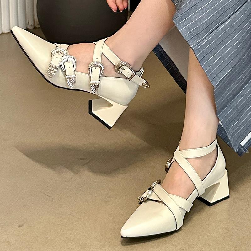 Mode Damen Neu 2025 Schuhe Absätze Damen Pumps Flache Schuhe Spitzschuh Mode Metallschnalle Riemen Damen Dicke Absätze Schuhe