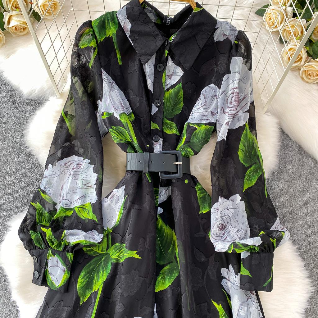 Francuski Styl Wakacyjny Super Wróżkowy Nadruk Klapa Długi Rękaw Sukienka Damska Wiosna Jesień Jednorzędowa Talia Rozkloszowana Elegancka