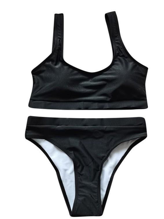 Chic Pittig Effen Tweekleurig Zwempak voor Dames - Sexy Sportieve Bikini 2025, Zwart