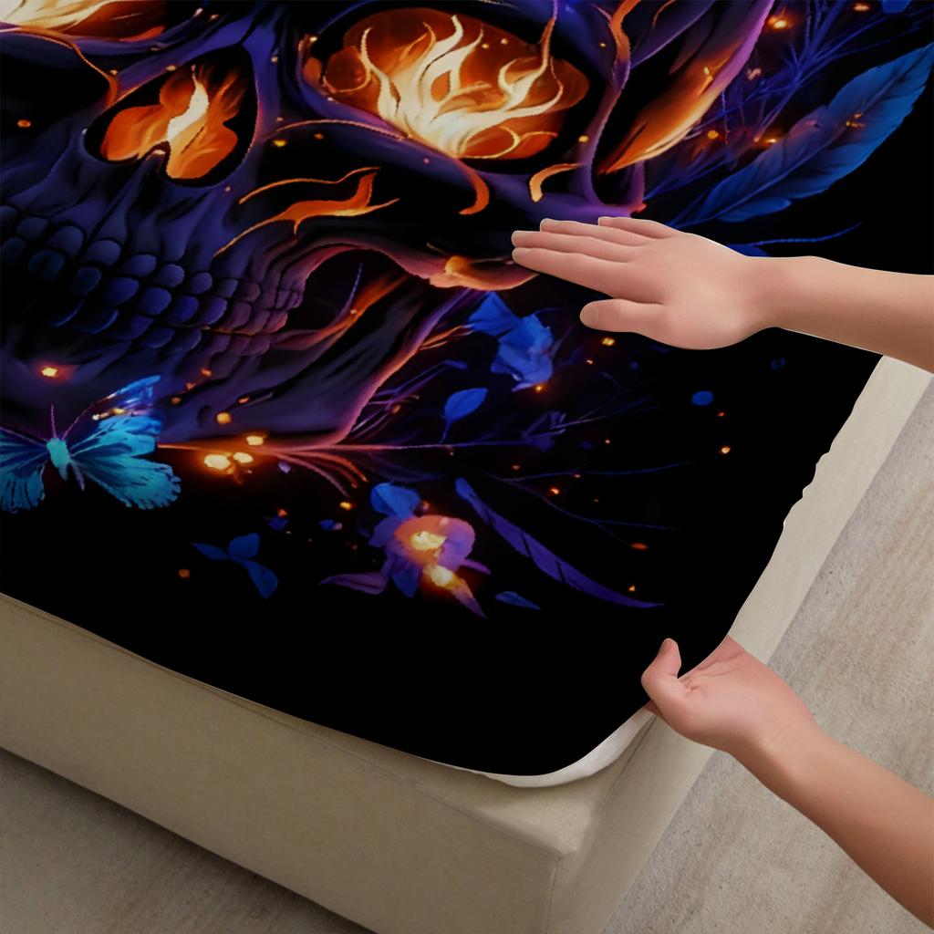 1pc Gothic Purple Skull Print Fitted Sheet 100% Polyester Durable Bedding Set Sheet for Home Bedroom Decoration Birthday Gift