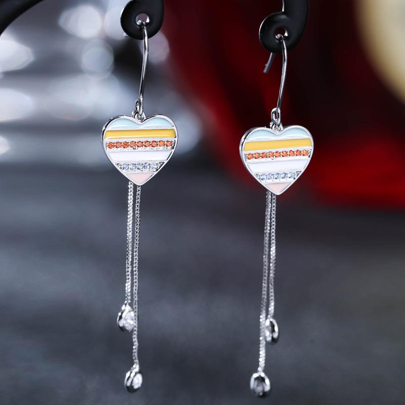 Heart-Shaped Diamond Inlaid Long Gemstone Pendant Earrings with Copper Ornaments