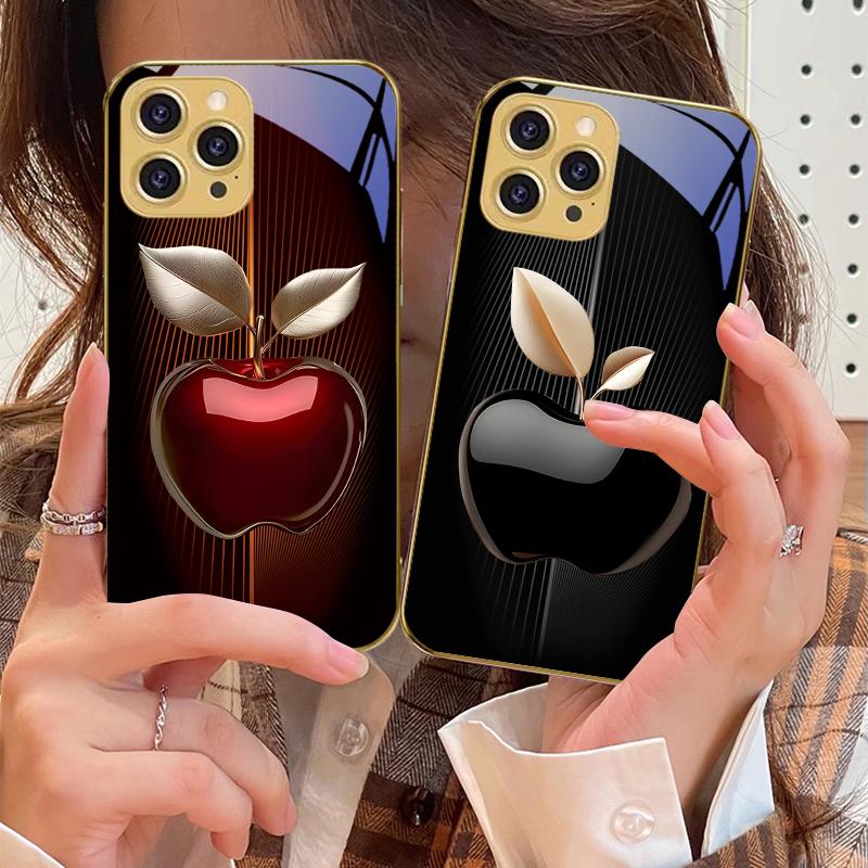 Stripe gradient apple red For IPhone 16 Pro Max 15 P ro 14 13 Plus 12 Mini 11Pro Max XS Max XR Golden tempered glass phone case