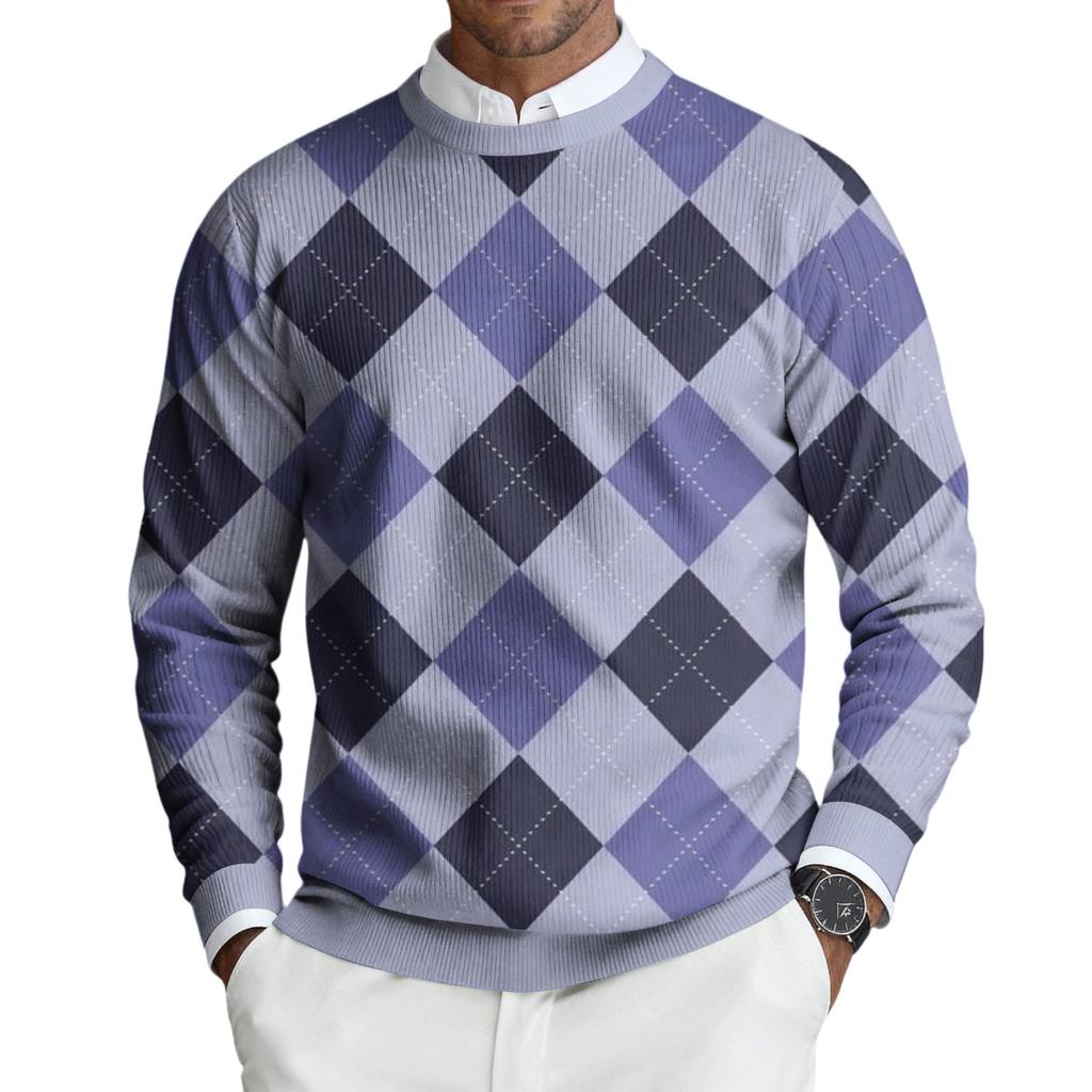 Pulôver Masculino de Tricô Canelado de Manga Comprida e Gola Redonda