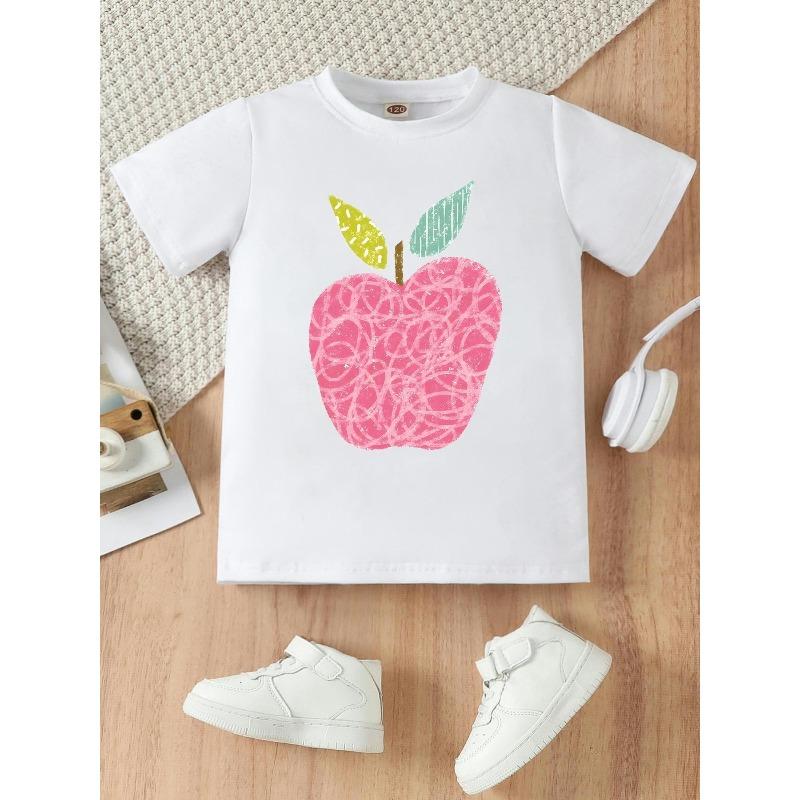European sizes Charming Hand-Painted Apple Design, a Fresh Summer Fashion Piece for Girls, Lovely Short-Sleeve T-Shirt for Girls