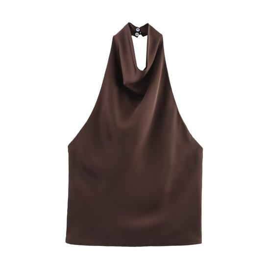 Women Tops Sexy Backless Slimming Satin Camisole Loose Fit Halter Neck Sleeveless Tops Soft M кофейный