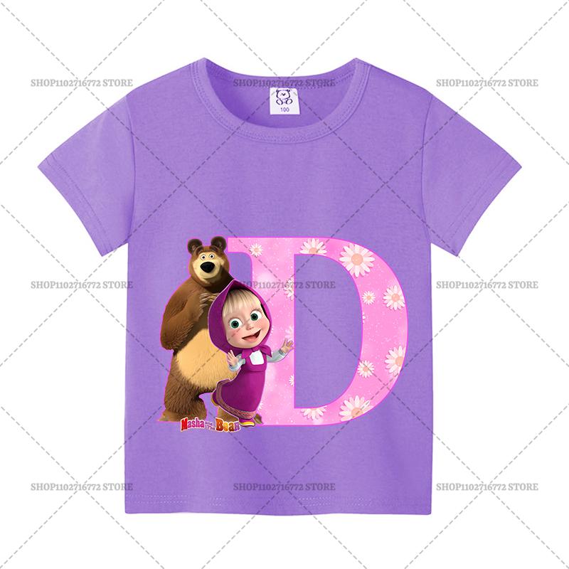 Mashas and The Bear Summer T-shirt Girl Children Tops Cute Cartoon Letters A-Z Print Clothing Short Sleeve Kids Casual Clothes