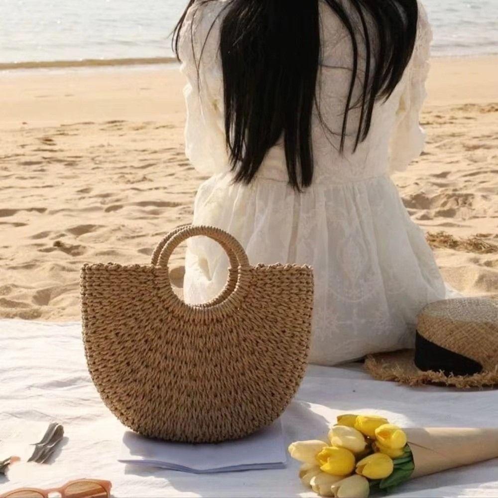 Large Capacity Straw Woven Handbag Half-Moon Shape Simple Shopping Bag Female