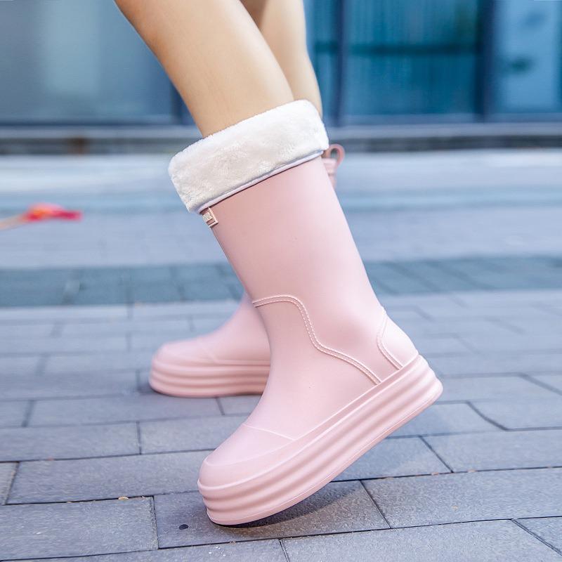 Rain shoes women's adult fashion long tube water shoes women's velvet warm rain boots waterproof and non-slip kitchen rubber shoes wear-resistant
