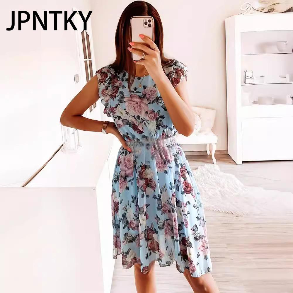 JPNTKY Fashion Women Casual Loose O-Neck Butterfly Sleeve Floral Print Dress
