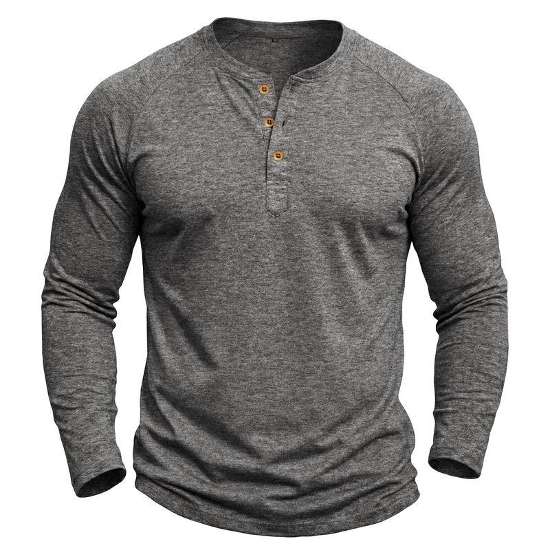 Mens Classic Style Henley Pullover Tops Raglan Long Sleeve Solid Color Daily Casual Wear Crew Neck Basic T Shirts