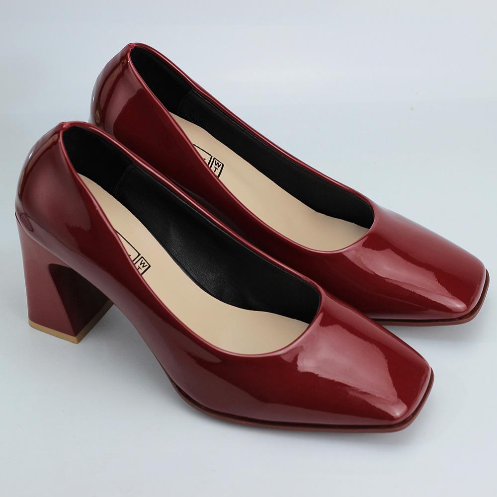 

New Fashion Black High Heel Single Shoes Women s Thick Heels Spring New Shallow Mouth One Step Lacquer Leather Work Shoes Square Headed Korean Edition