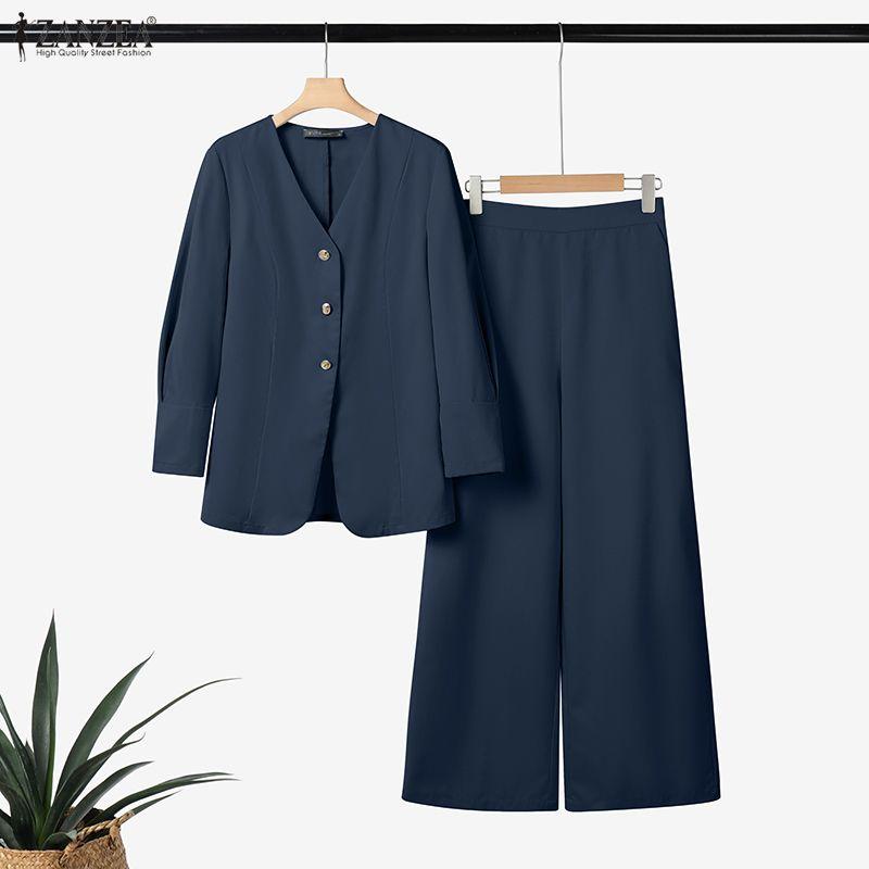 

ZANZEA Women Casual Office Long Sleeve Blouse and Wide Leg Pants Two Piece Suit Set XL