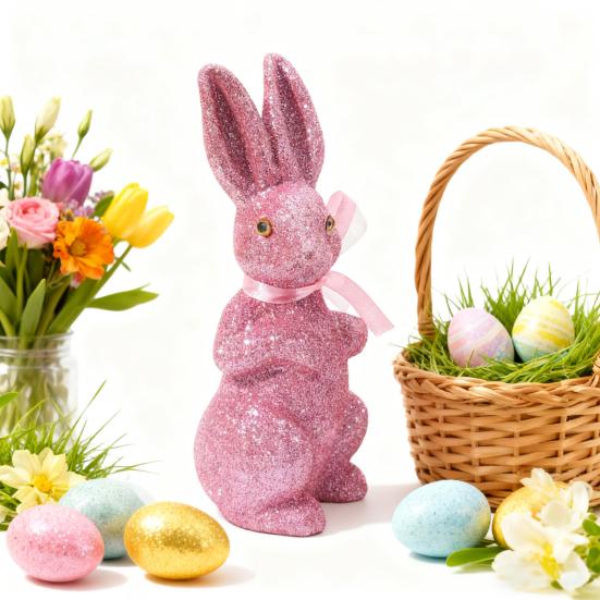 Easter Foam Rabbit Figurine with Glitter Powder Simulation Bunny Statue Home Office Holiday Party Decoration Ornament