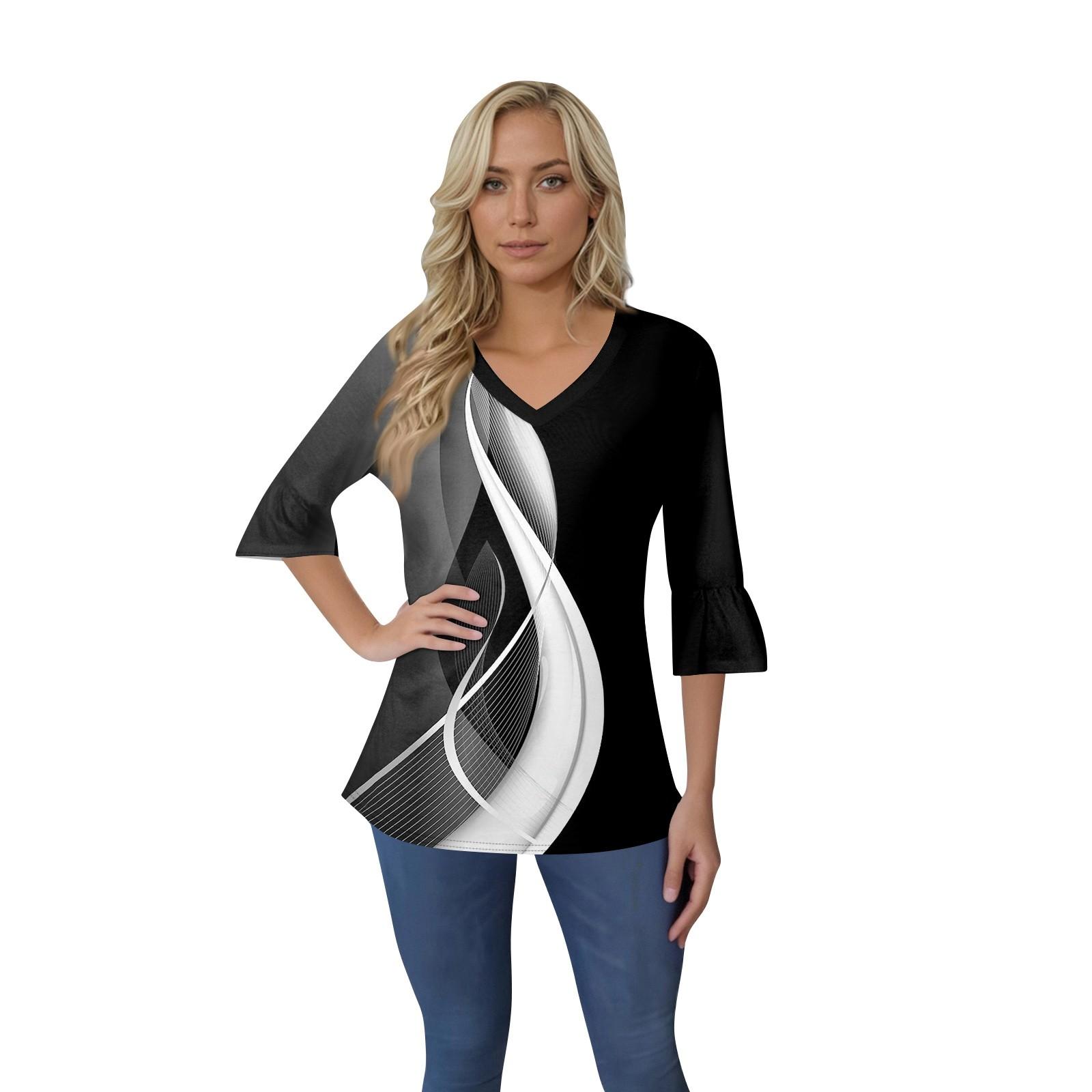 

Женский повседневный топ с рукавами 3/4, летняя футболка с v-образным вырезом и пышными рукавами L чёрный