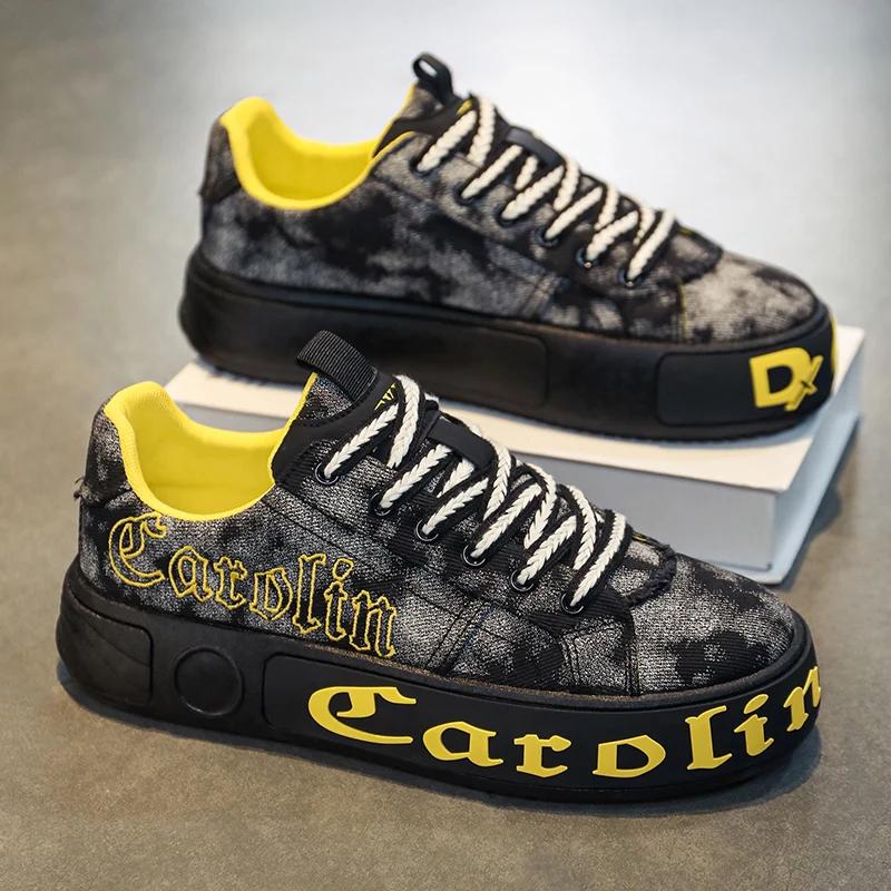 

Новые последние повседневные мужские спортивные туфли с буквенным принтом из денима, модные толстые подошвы, дышащие, универсальные, на шнуровке, спортивные туфли для сноуборда, размер 39-44 44 чёрный