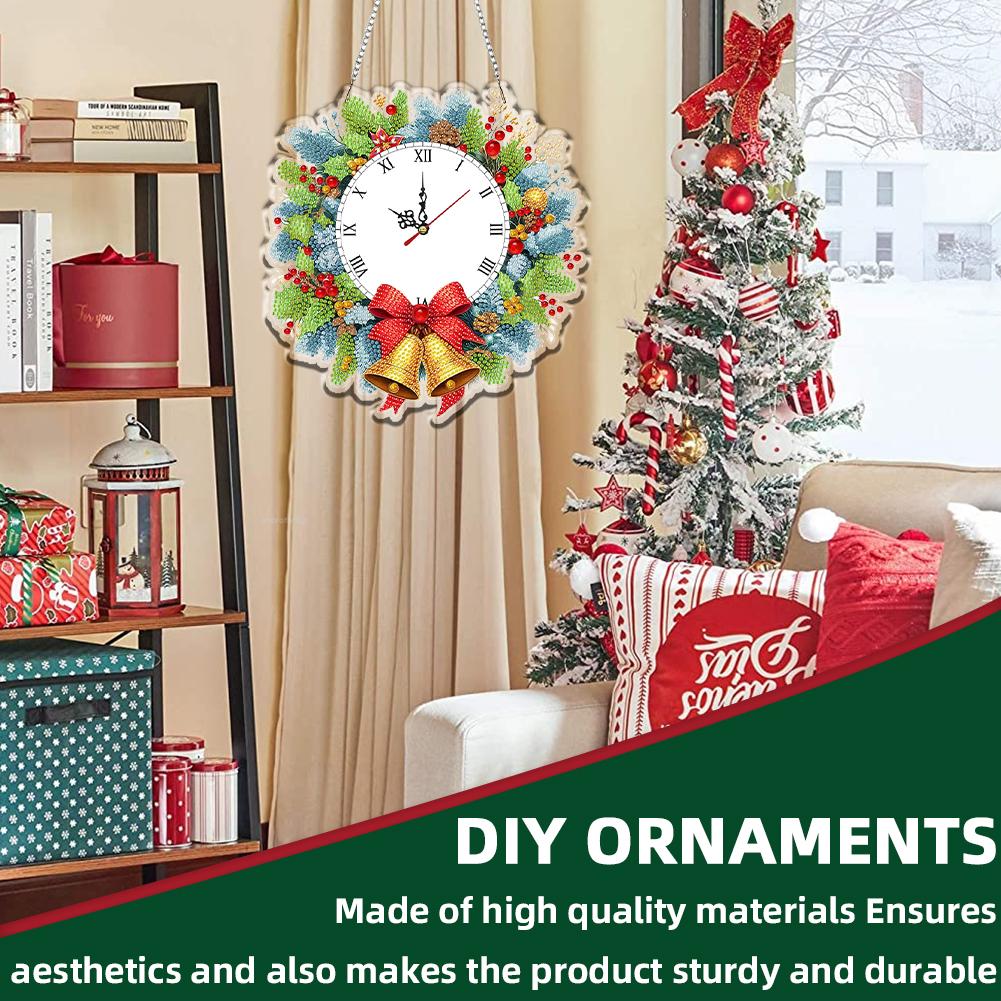 2D/Flat DIY Christmas Acrylic Diamond Painting Ornament with Clock Function Diamond Art Clock Pendant Kit for Home Decoration