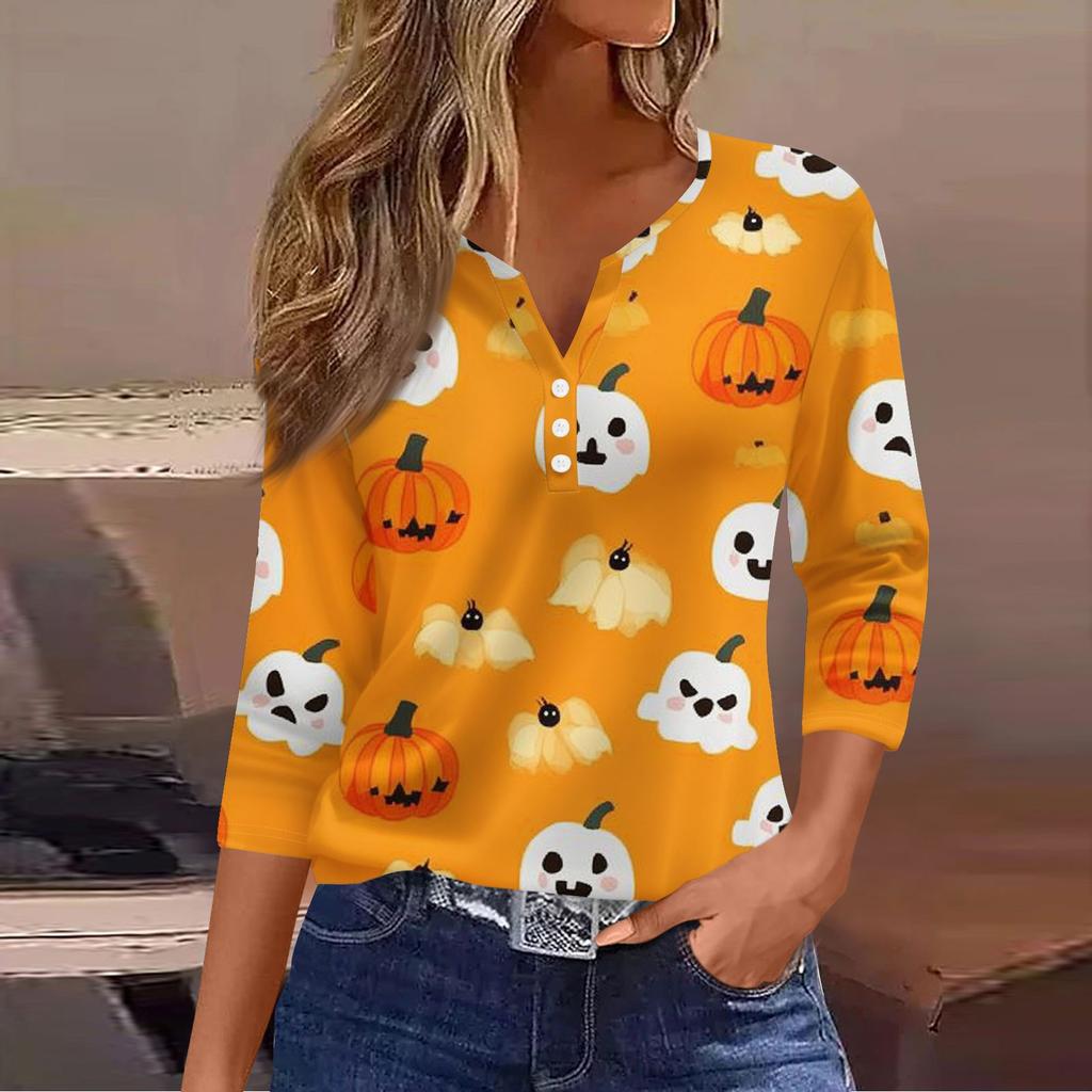 Women's Casual Fashion V-neck Loose Versatile Halloween Print Three-quarter Sleeve Top