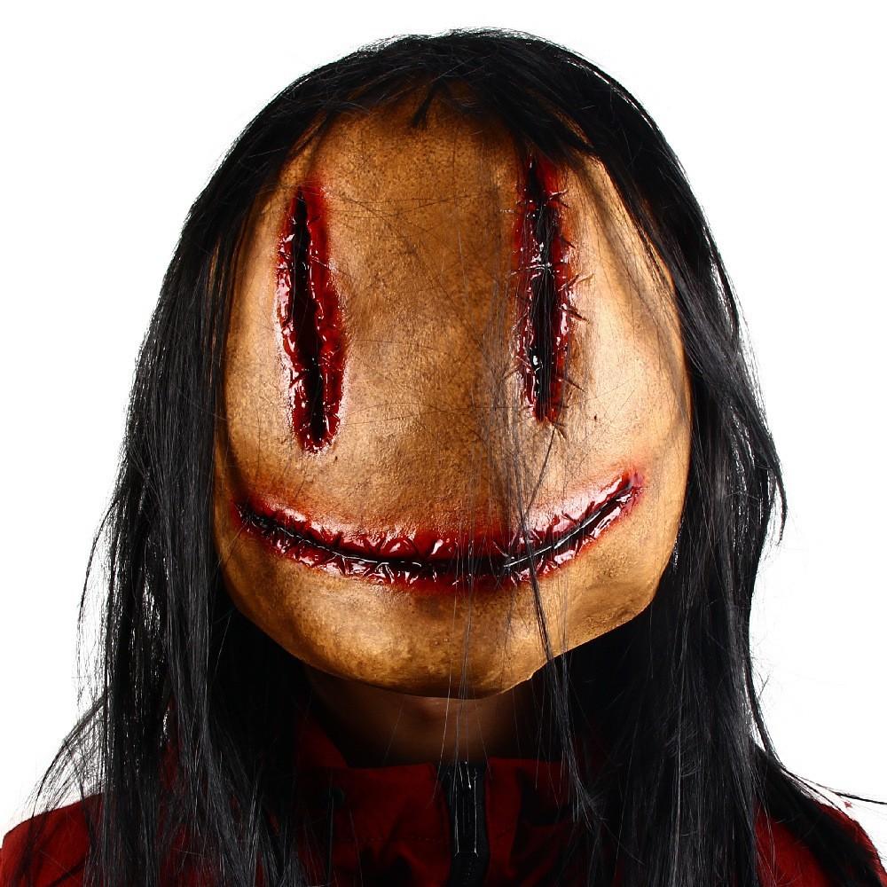 Halloween Horror Blood-Soaked Long-Haired Female Ghost Faceless Mask Haunted House Cosplay Latex Headgear Bloody Faceless Mask