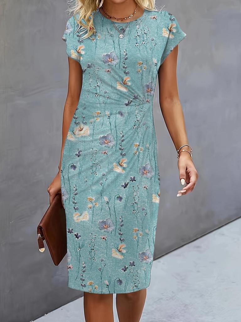 Women's Casual Bodycon Midi Dress with Front Knot and Round Neck