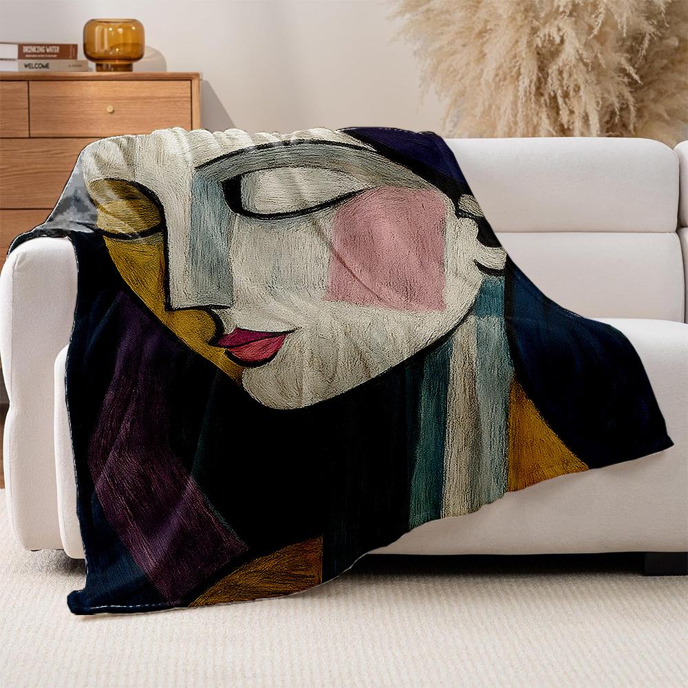 1pc Monet-Style Abstract Woman Face Print Plush Fleece Blanket - Mauve Teal/Navy Blue Golden Beige Soft Thick All-Season Luxur