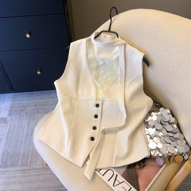 

Кружевные вставки V-образный вырез женский жилет элегантная однотонная верхняя одежда куртки без рукавов женский 2025 новый 2XL бежевый
