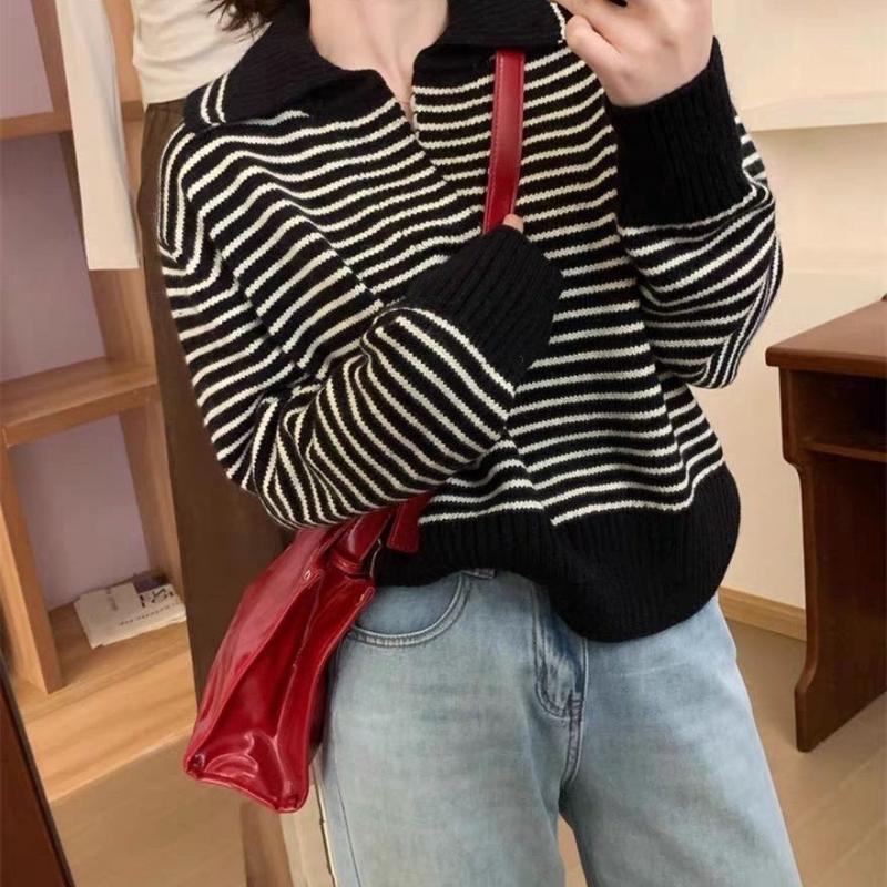 Women's Striped Polo's Neck Zipper Oversized Sweatshirt Long Sleeve Loose Casual Pullovers Autumn Korean College Style Sweater