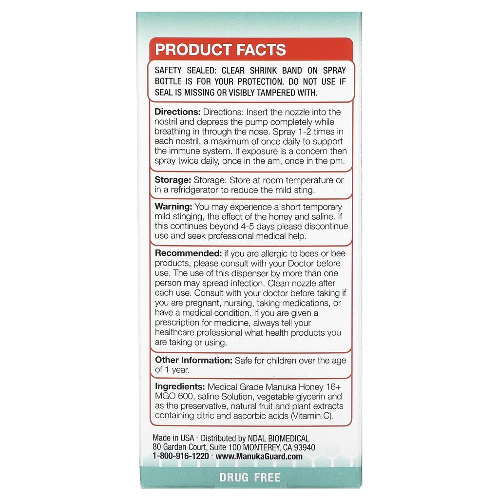 Medical Grade Manuka Honey, Immune Guard Nasal Spray, 40 Ml (1.35 Fl Oz)