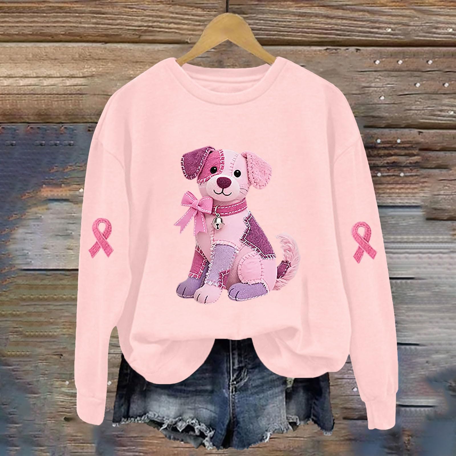 

Breast Sweatshirts For WomenRibbon Breast Shirt Cute Dog Graphic Long Sleeve Tops L розовый