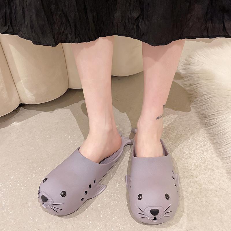 Cute Cartoon Seal Slides With Pvc Breathable Sole For Home And Beach Use