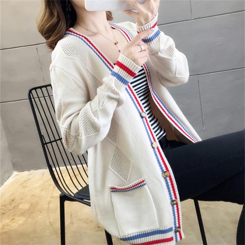 

Новый весенне-осенний корейский свободный свитер, женское пальто, однотонная вязаная верхняя одежда, женский повседневный кардиган с карманами и открытой вышивкой One Size