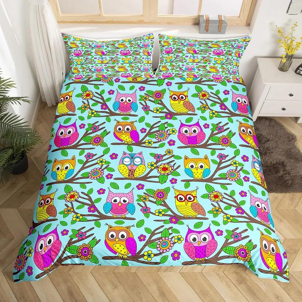 Kids Cartoon Garden Bed Set Cute Owls Comforter Cover, Chic Tree Butterfly Duvet Cover Full Queen White Daisy Floral Bedding Set