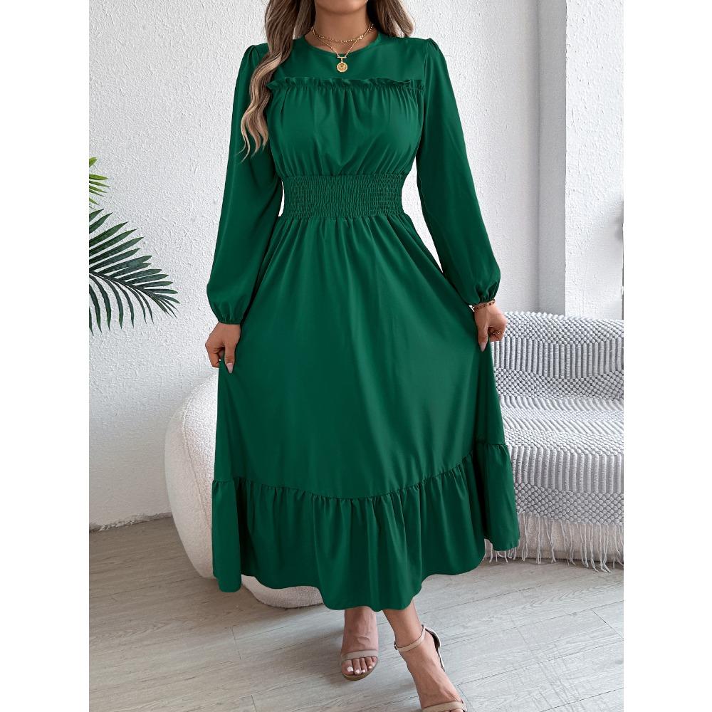 Elegant Solid-color, Black Ear-trimmed, Waist-cinched Pleated Long Dress for Women In Autumn and Winter