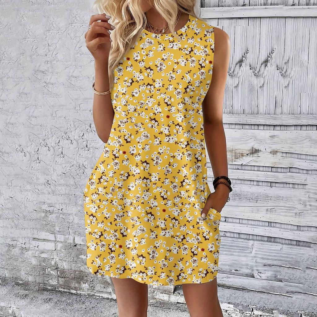 Women's Casual And Fashionable Round-neck Sleeveless Printing Mid Length Dress