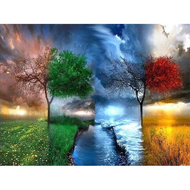 Pictură cu diamant DIY, copac în patru anotimpuri, kit cu punct de cruce, artă mozaic, pictură cu diamant, cerc complet/pătrat, decorare a casei cu diamant