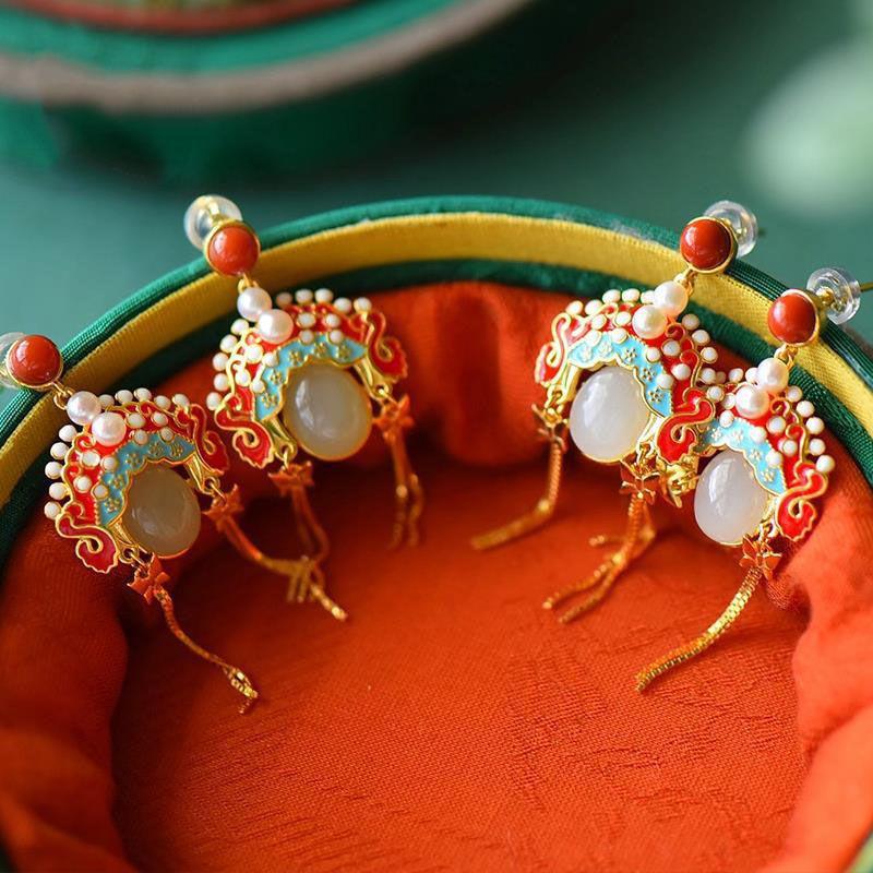 Nouvelles Boucles d'Oreilles Ovales Incrustées d'Or Vermeil Tourmaline Rouge du Yunnan Naturelle Hetian Perle Bijoux Exquis de Luxe pour Filles