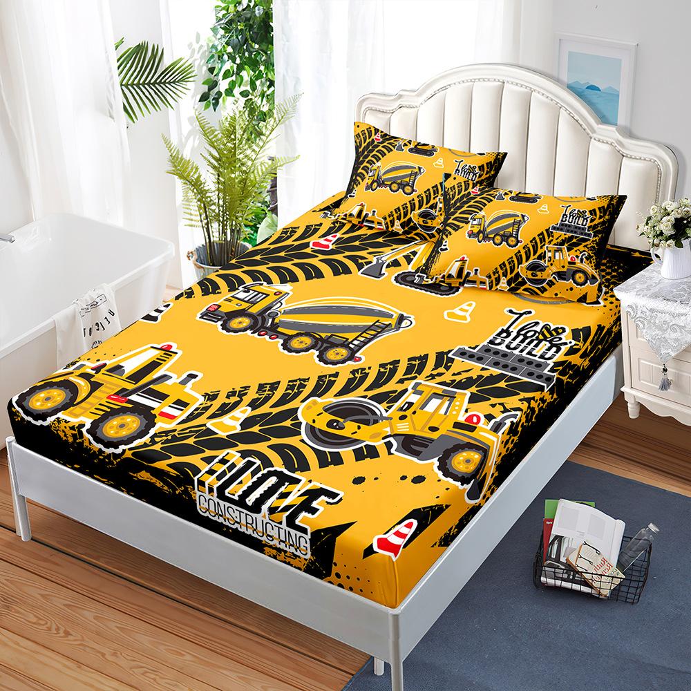 Mattress Three-Piece Set, Construction Vehicle Racing Car, Bedspread, Pillowcase, Mattress Protective Cover