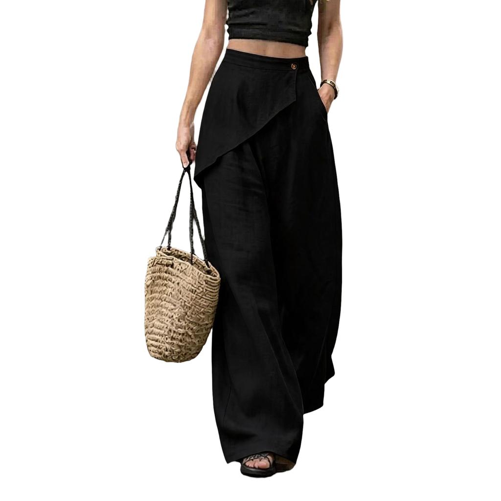 Women's Color Elastic Waist Wide Leg Casual Pants with Irregular Hem