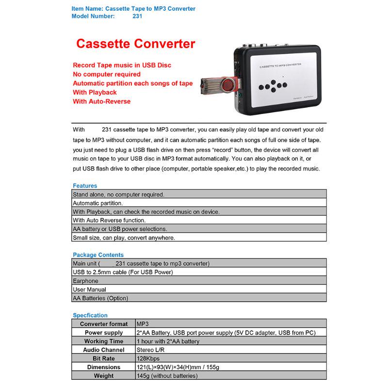 USB Cassette Capture Cassette Player Converts Tape To MP3 USB Cassette Capture for Laptops and  Computers