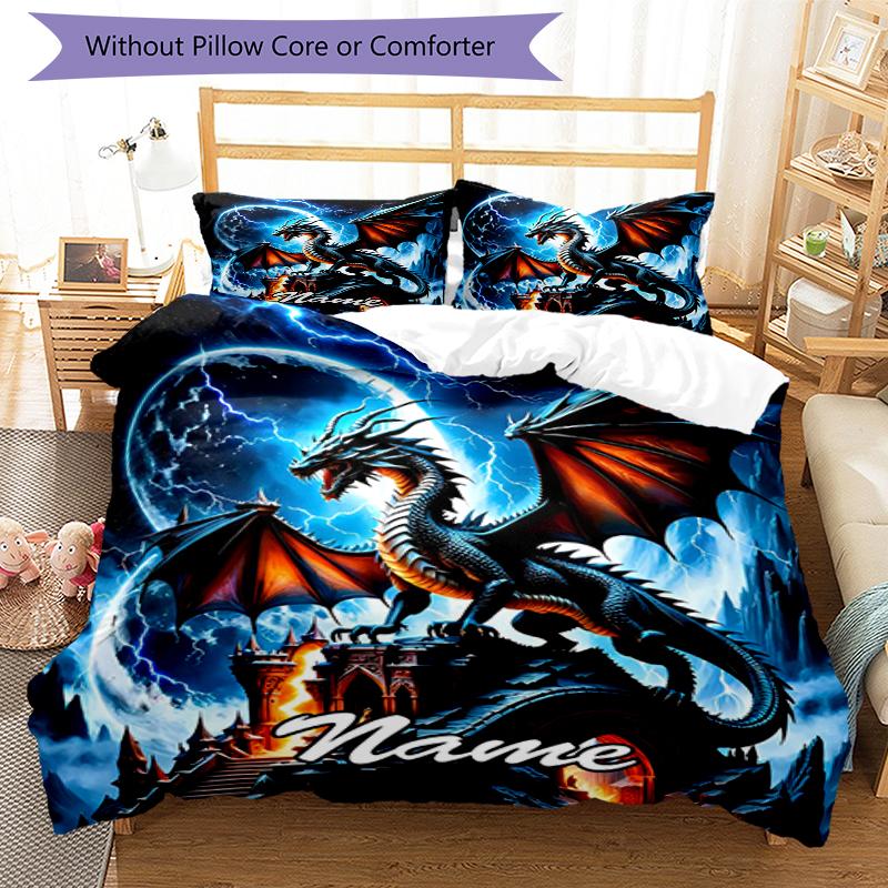 3pcs Custom Name Dragon Bedding Set Duvet Cover Closure Includes 1 Duvet Cover & 2 Pillowcases, Soft and Comfortable for All Seasons.